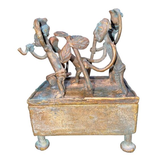 Handmade Bronze African Box-Style Statue With Musicians Cameroonian Art 4" X 2" - Picture 6 of 15